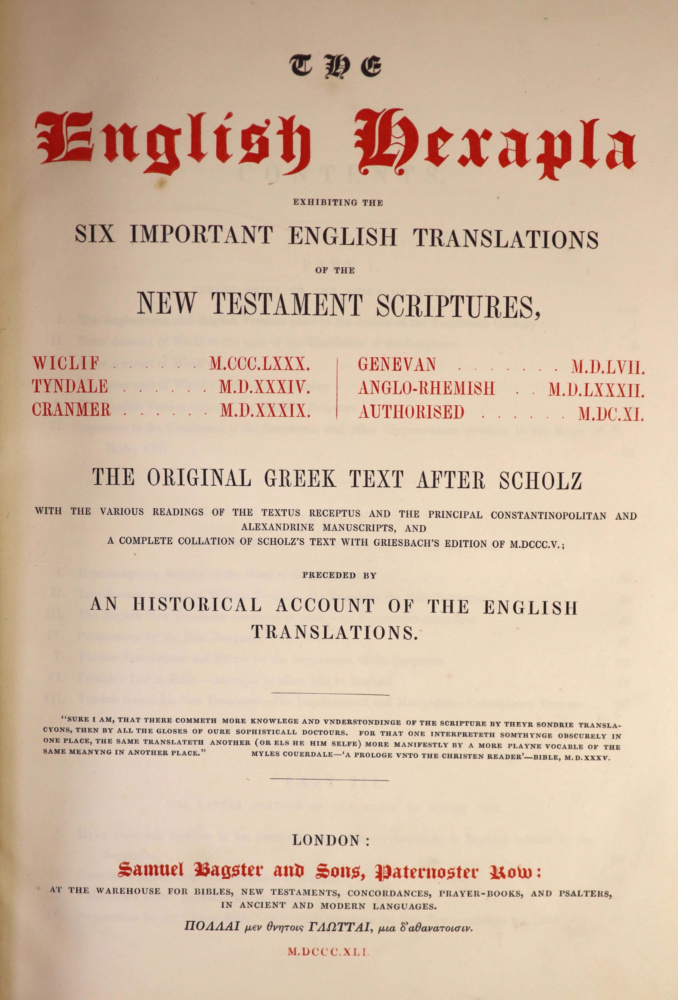 The English Hexapla: exhibiting the six important English translations of the New Testament Scriptures ... preceded by an historial account .. publisher's blind-decorated morocco